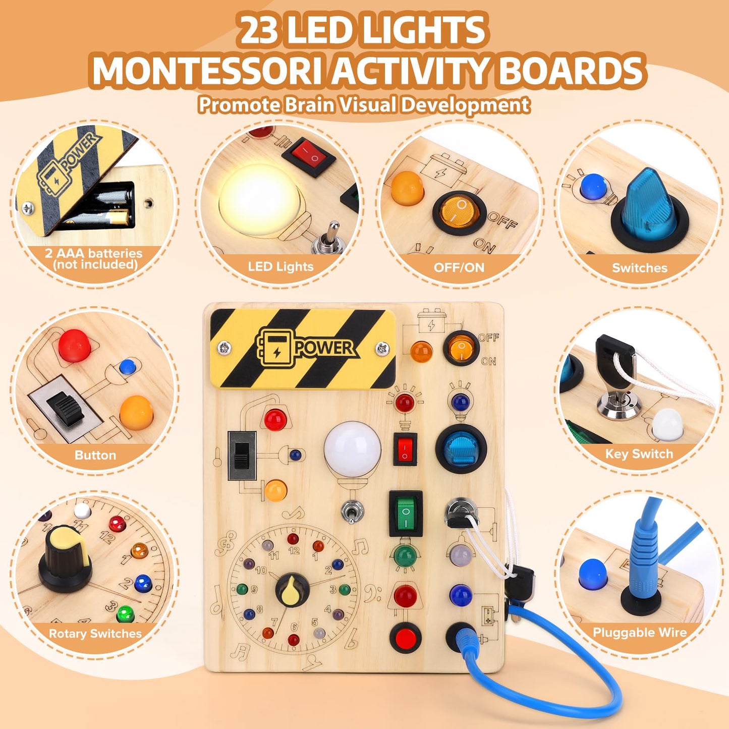 Konijiwa Busy Board Montessori Activity Board With 10 Switches and 23 LED Lights - Wooden Sensory Toy for Fine Motor Skills - for Babies and Toddlers 1-4 Years Old Boys and Girls