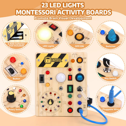 Konijiwa Busy Board Montessori Activity Board With 10 Switches and 23 LED Lights - Wooden Sensory Toy for Fine Motor Skills - for Babies and Toddlers 1-4 Years Old Boys and Girls