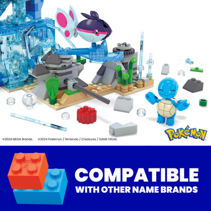 MEGA Pokémon Building Toys Set featuring 319 pieces and 2 poseable characters in an aquatic adventure scene.