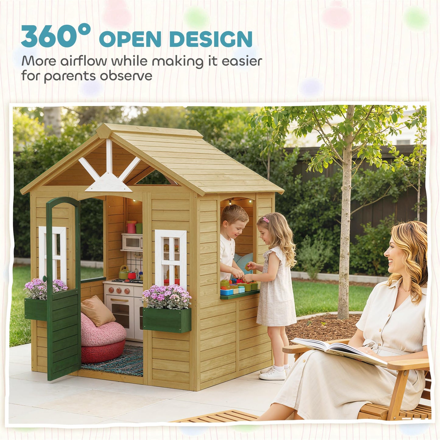 AIYAPLAY wooden playhouse for kids with working door, windows, and flower boxes, ideal for outdoor garden or indoor imaginative play.