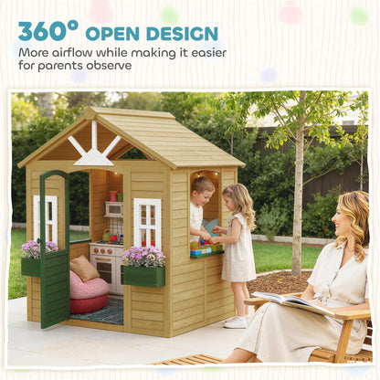 AIYAPLAY wooden playhouse for kids with working door, windows, and flower boxes, ideal for outdoor garden or indoor imaginative play.