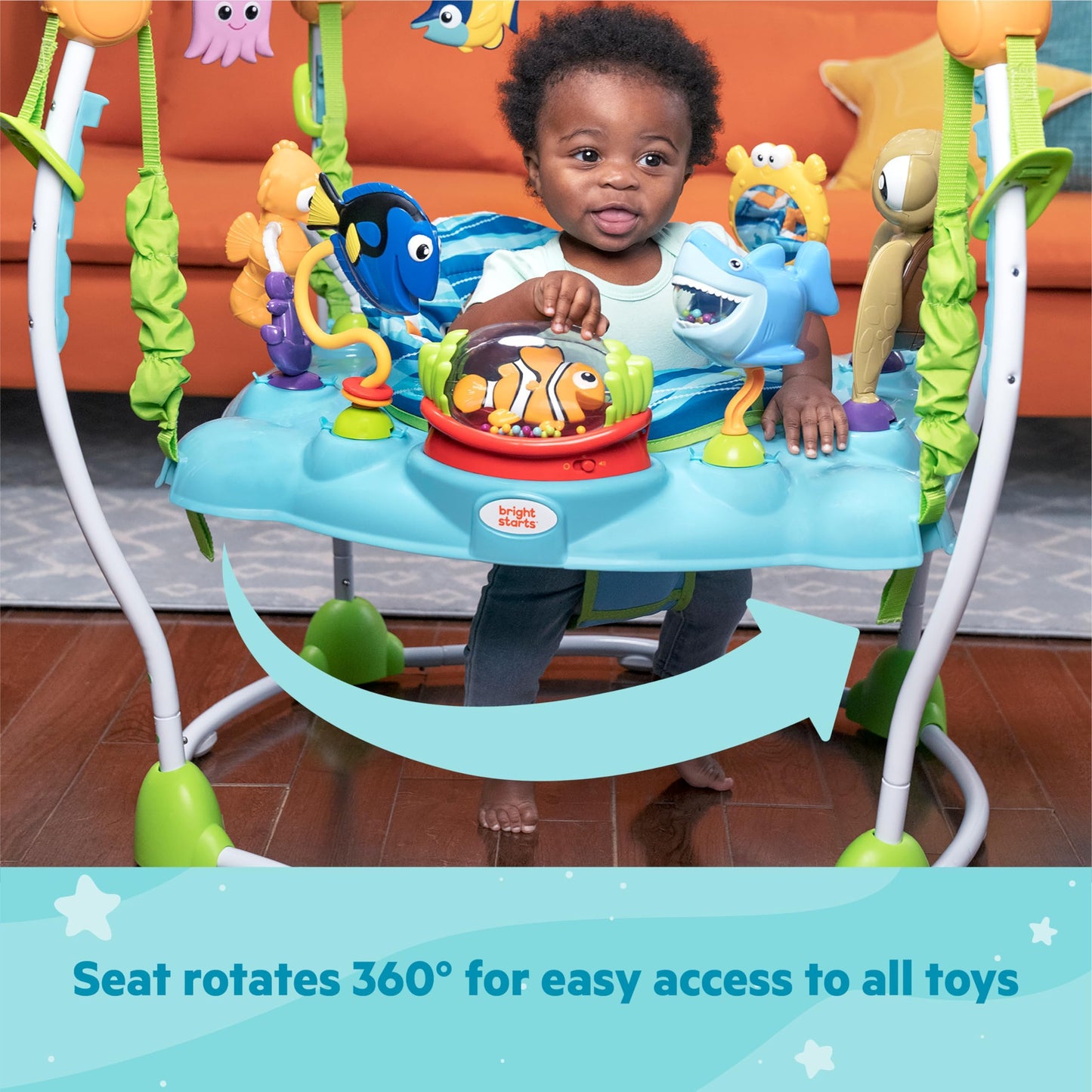 Bright Starts Disney Baby Finding Nemo Sea of Activities Jumper with lights, music, ocean sounds, adjustable height, and 360° rotation.