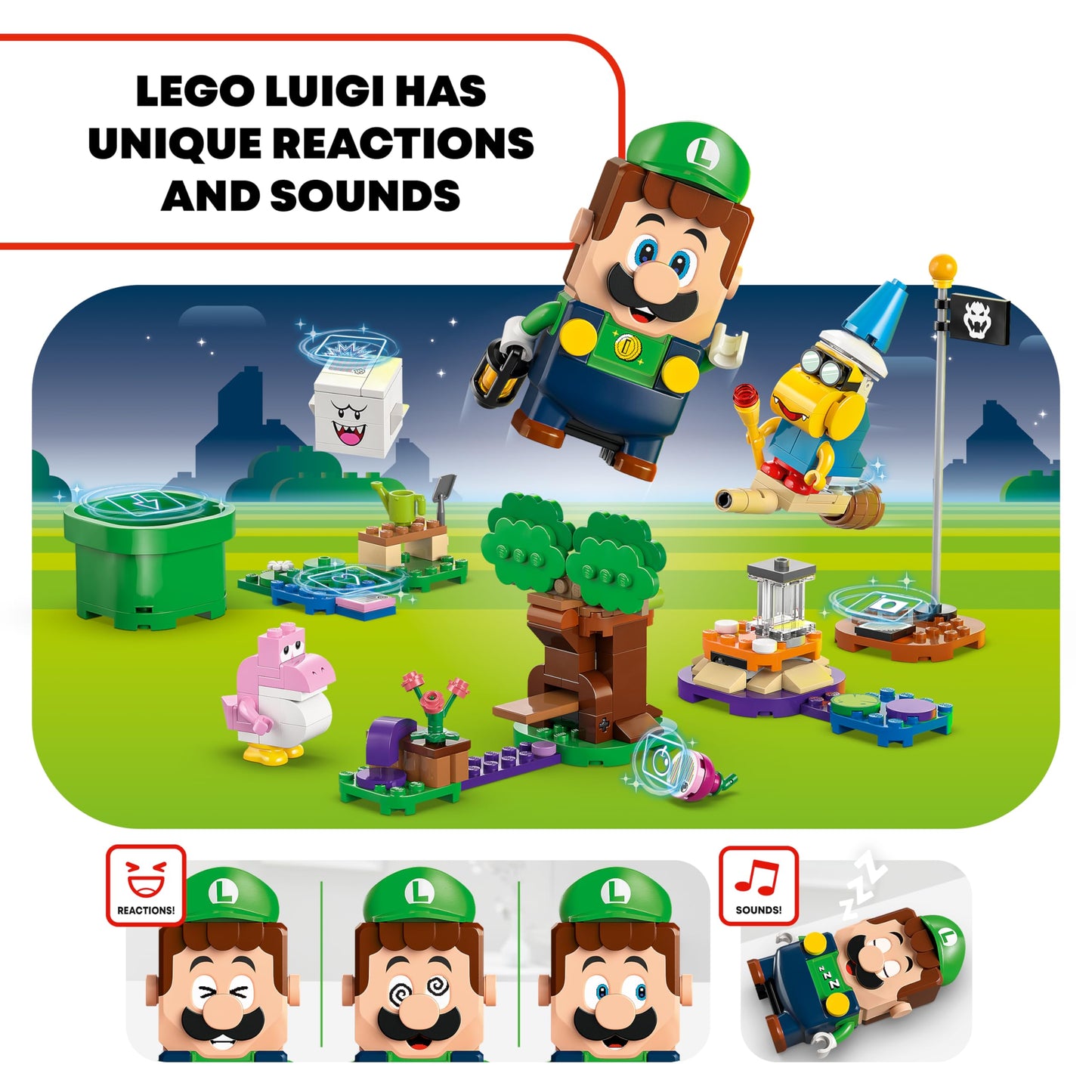 LEGO Super Mario Adventures set featuring interactive LEGO Luigi, pink Baby Yoshi figure, and garden playset for kids aged 6+.