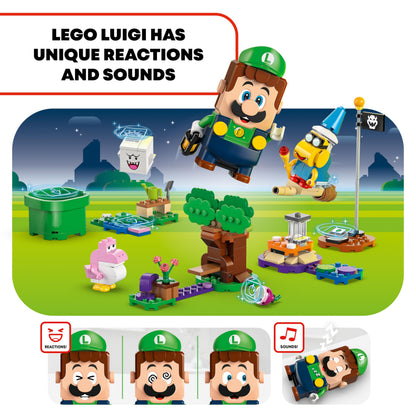 LEGO Super Mario Adventures set featuring interactive LEGO Luigi, pink Baby Yoshi figure, and garden playset for kids aged 6+.
