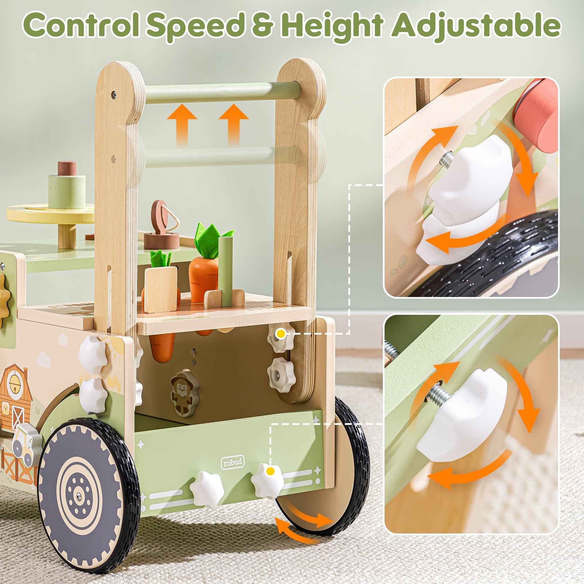 Robud farm-themed wooden baby walker with wheels, adjustable height and speed, designed for 1-2 year old toddlers.