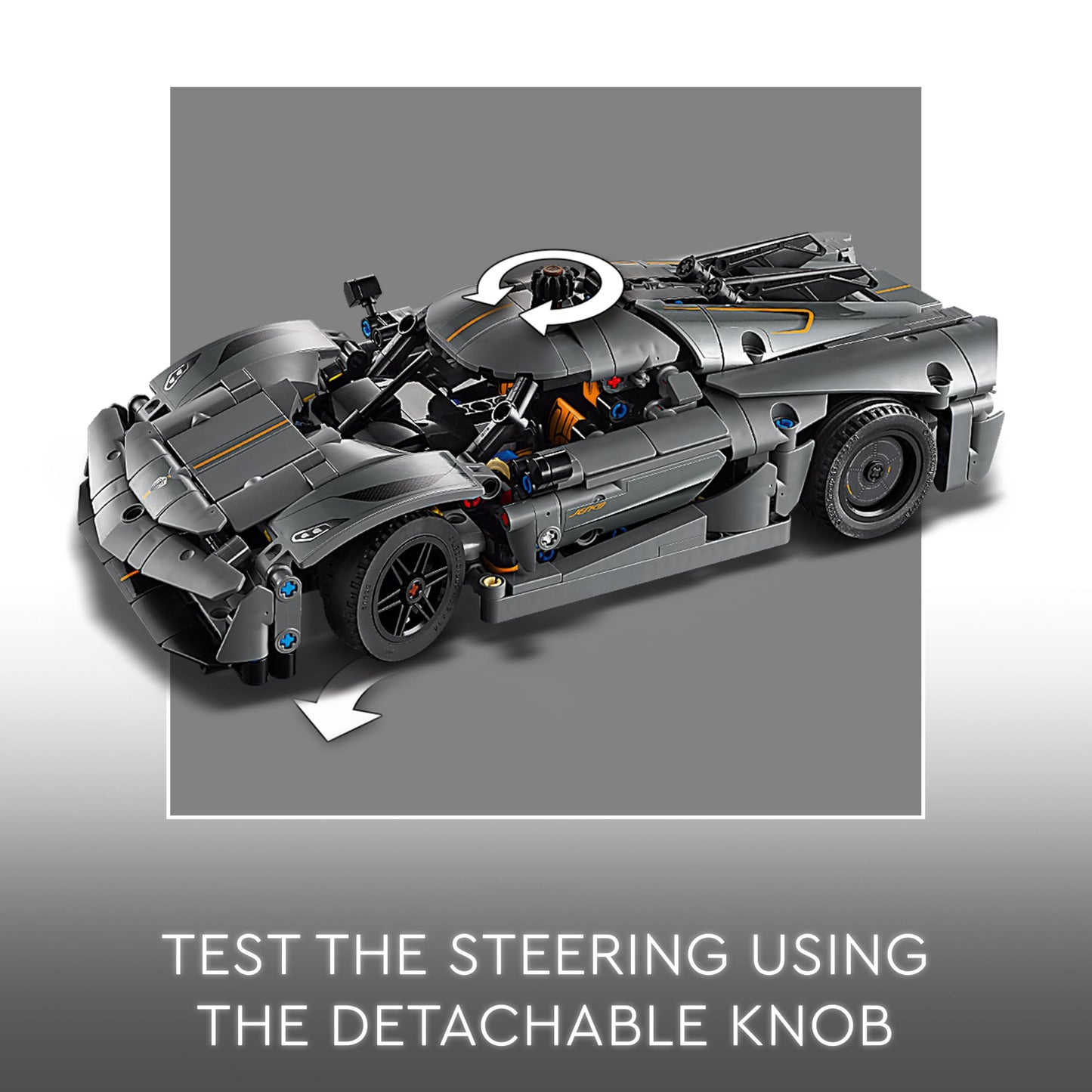 LEGO Technic Koenigsegg Jesko Absolut grey hypercar building toy set with detailed engine and sleek design for kids.