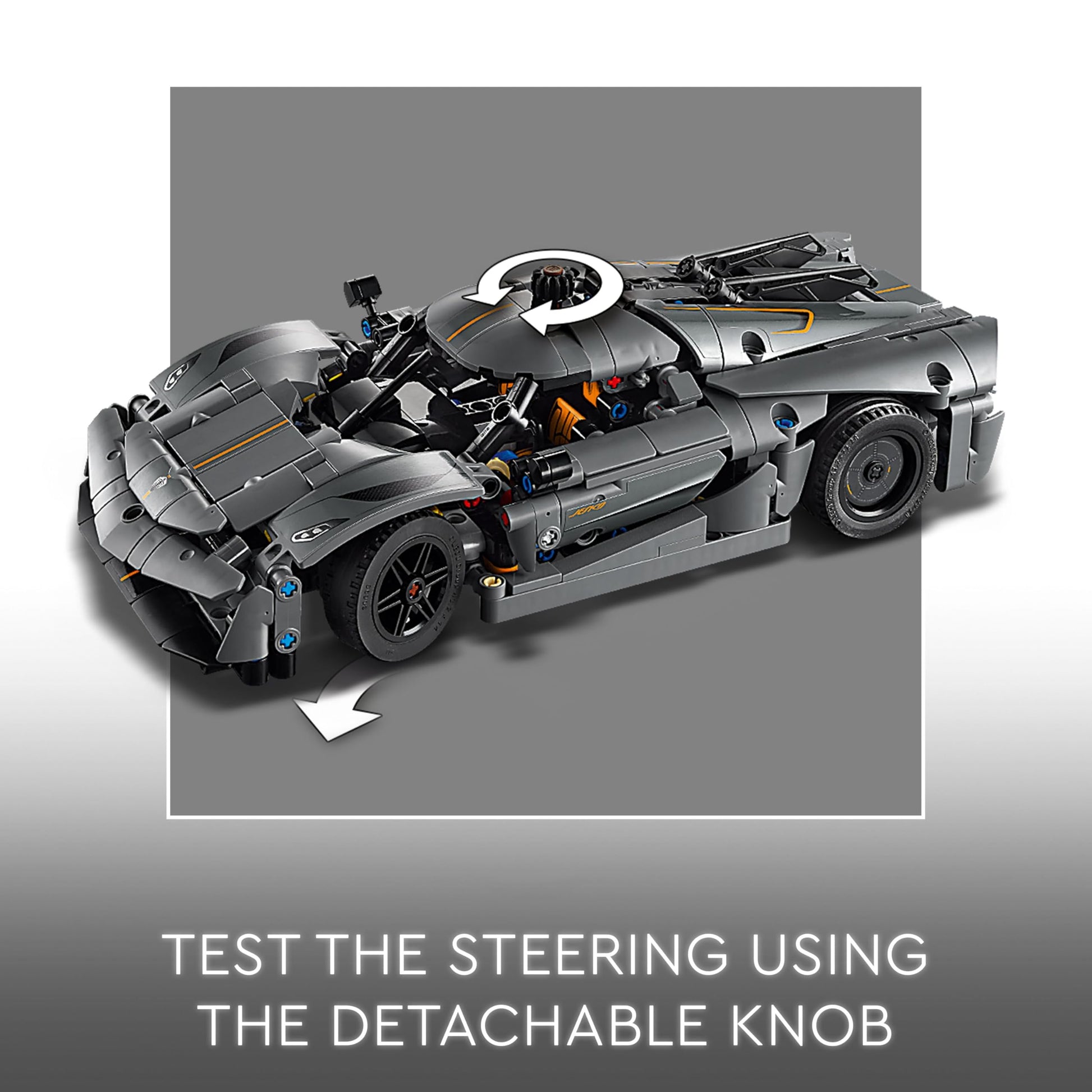 LEGO Technic Koenigsegg Jesko Absolut grey hypercar building toy set with detailed engine and sleek design for kids.