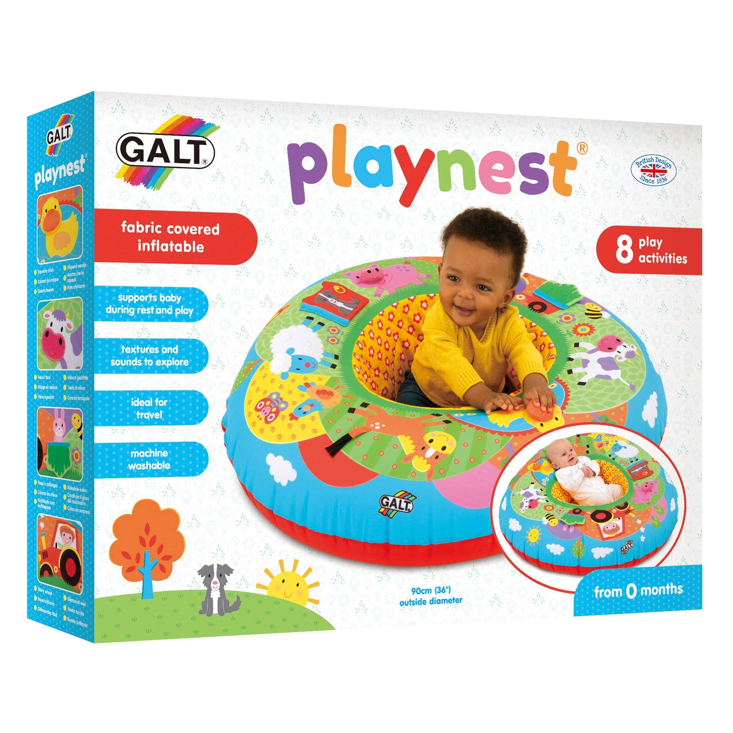 Galt Playnest, Farm - Baby Sit Me Up with Inflatable Ring, Head and Neck Support, 8 Sensory Activities,100cm Diameter and Machine Washable Cover - Easy Travel, Suitable from Birth - Ages 0 Months Plus