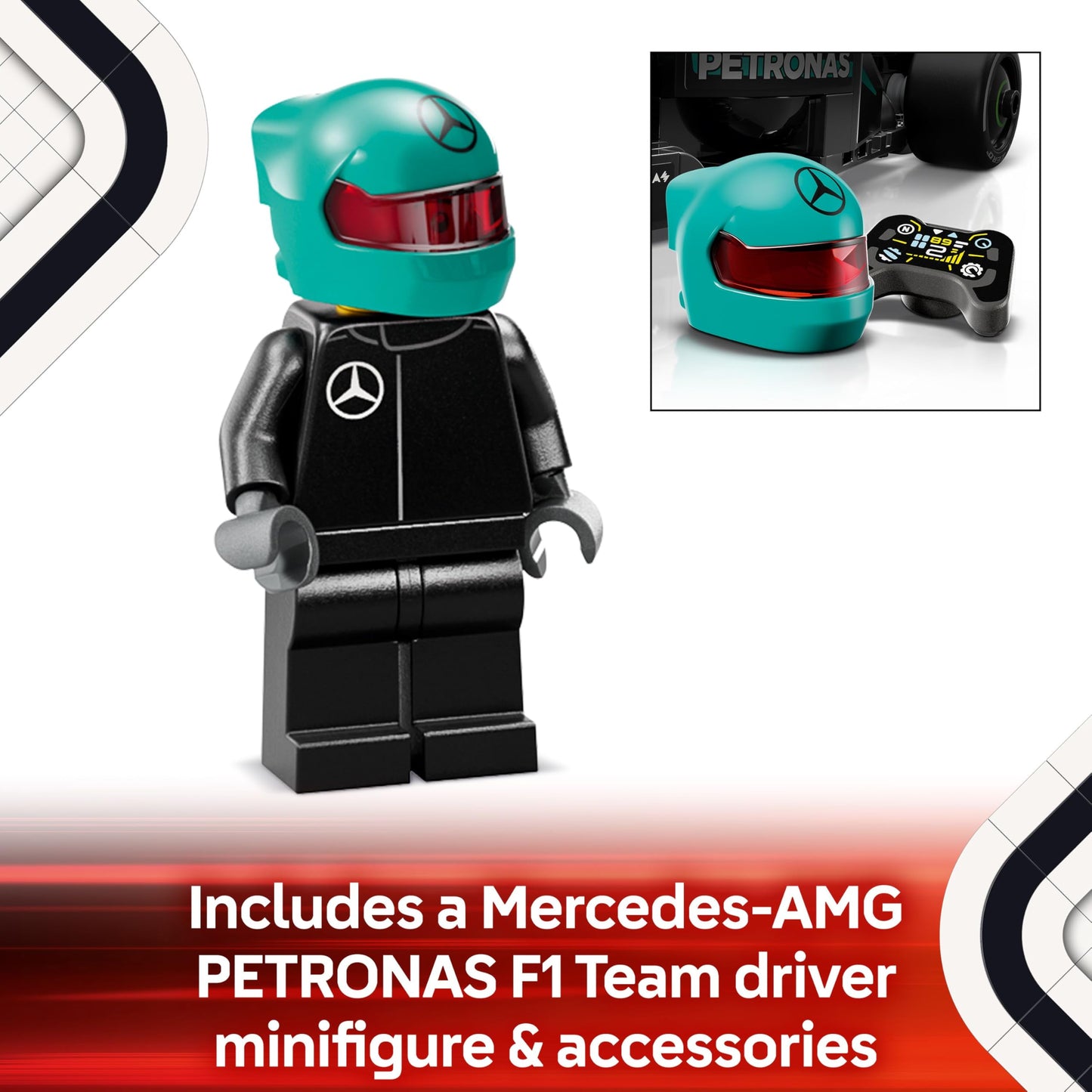 LEGO Speed Champions Mercedes-AMG F1 W15 race car toy with collectible Formula 1 driver minifigure on a display stand.