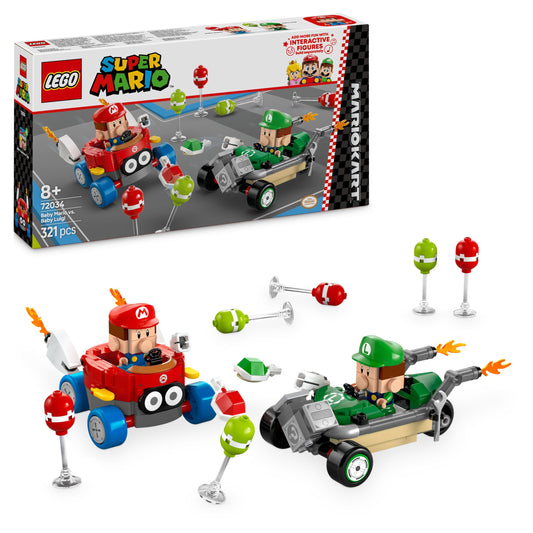 LEGO Super Mario Baby Mario vs. Baby Luigi toy set with 2 collectible Nintendo figures and cars for kids and gamers.