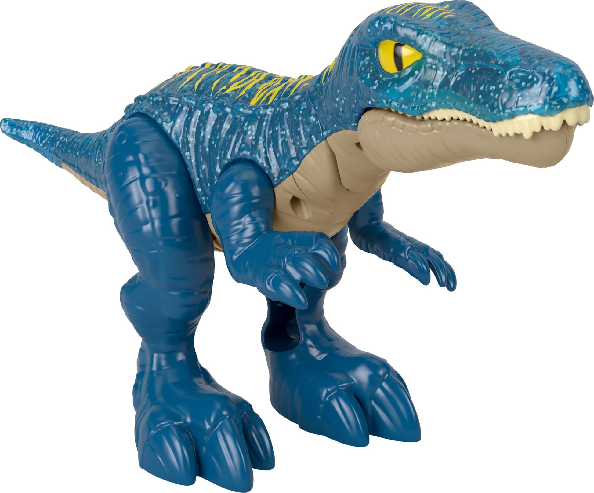 Fisher-Price Imaginext Jurassic World Baryonyx dinosaur toy with growl, glow lights, sounds, and chomping action for kids aged 3+.