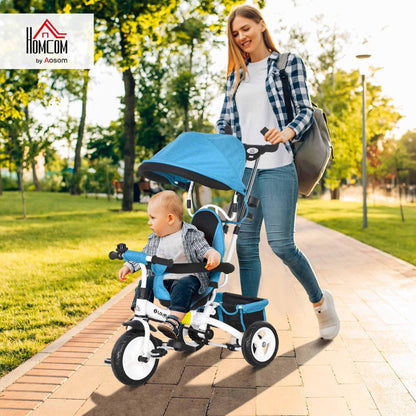 HOMCOM 6 in 1 Trike, Kids Tricycle, Pedal Push Bike w/Parent Handle, Removable Canopy, 5-Point Safety Belt, Storage, Footrest, Brake, for 1-5 Years Toddler, Blue