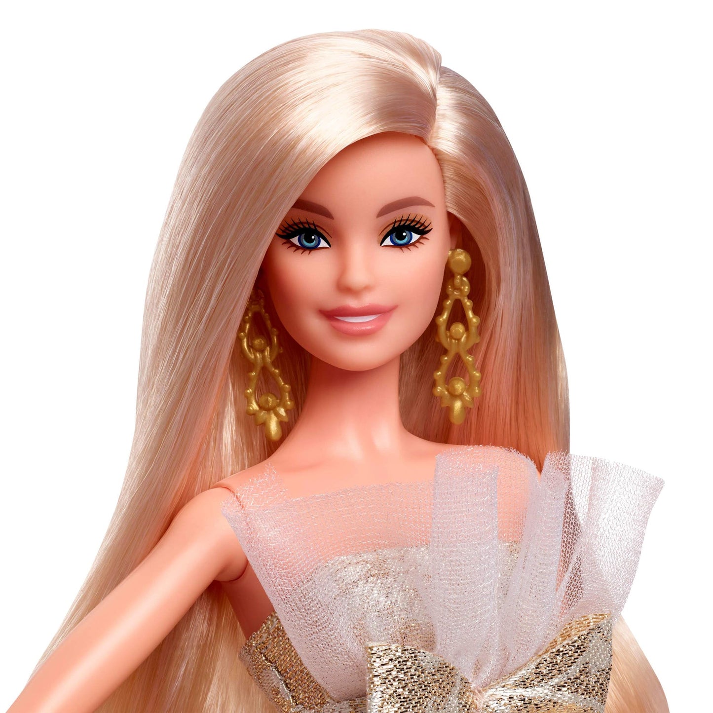 Barbie Signature 2025 Holiday Barbie doll in silver and gold gown, seasonal collector in display packaging with stand.