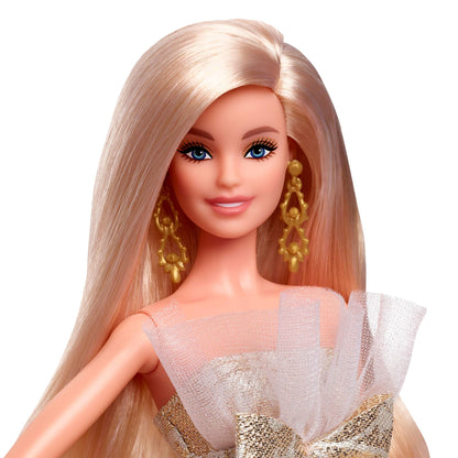 Barbie Signature 2025 Holiday Barbie doll in silver and gold gown, seasonal collector in display packaging with stand.