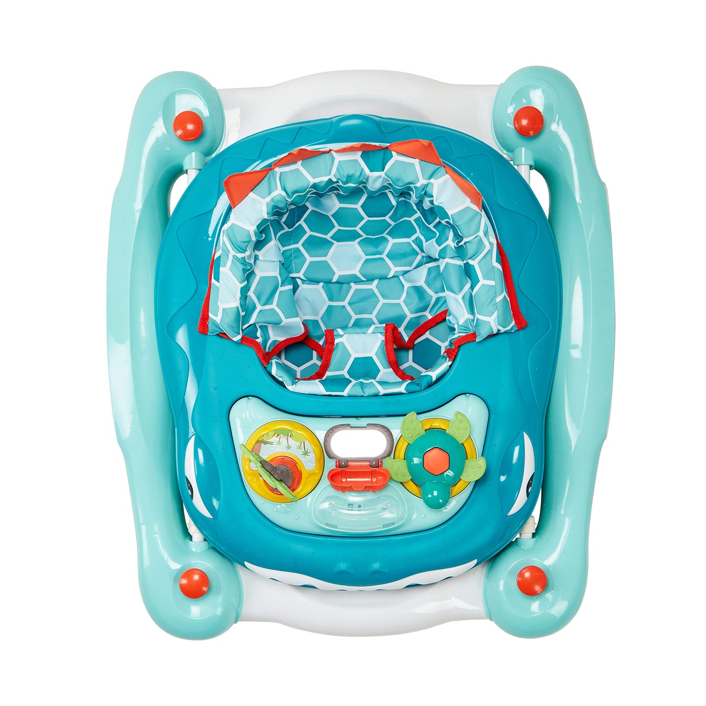 My Child Dino 3-in-1 Walk n Rock in aqua with a friendly dinosaur design, featuring baby walker and rocker functions.