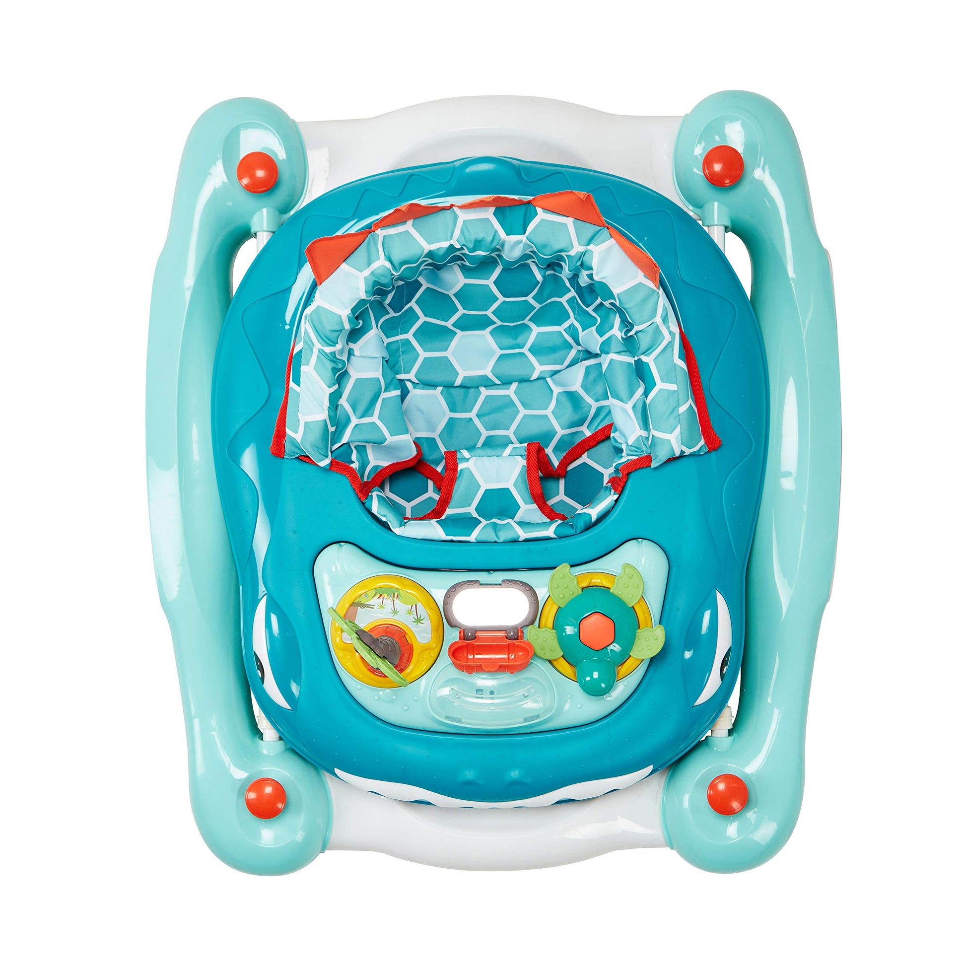 My Child Dino 3-in-1 Walk n Rock in aqua with a friendly dinosaur design, featuring baby walker and rocker functions.
