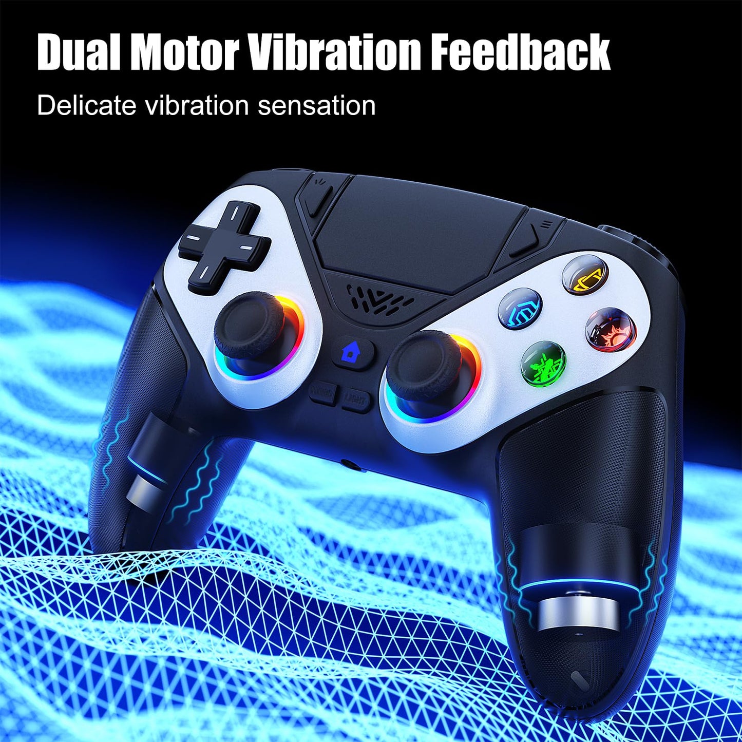 Dinosoo RGB wireless PS5 controller with back paddles, 6-axis motion, turbo, dual vibration, 3.5mm audio jack for slim PS5 or PC