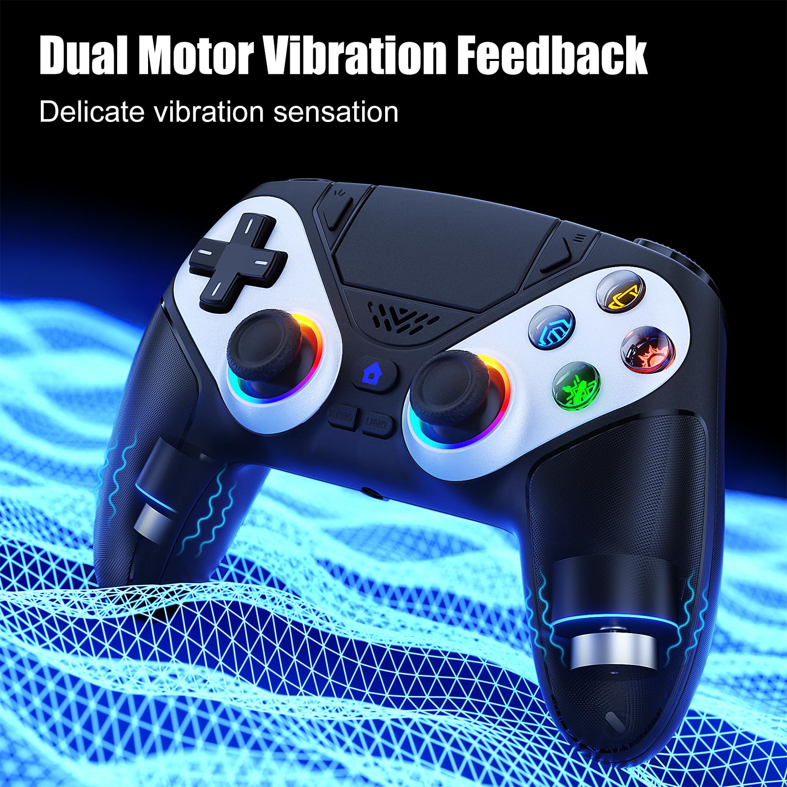 Dinosoo RGB wireless PS5 controller with back paddles, 6-axis motion, turbo, dual vibration, 3.5mm audio jack for slim PS5 or PC