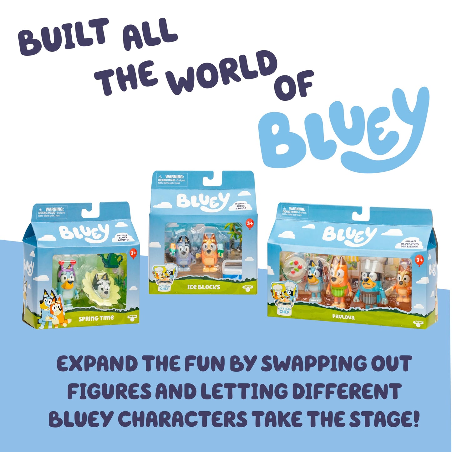 Bluey It's Time For Pavlova With This Pavlova 4 Pack, Includes, Bingo, Bandit In His Chef Hat and Chilli and 2 Accessories, Four 6-7.6 CM Articulated Figures