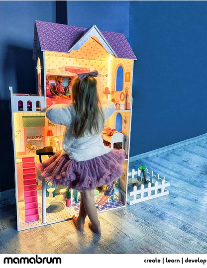 Mamabrum Wooden Dolls House XXL with Terrace Garden, LED Lights, Furniture & Accessories Included, 3-Storey Houses & Wooden Sweet Playhouse with Painted Roof & Walls for Little Girls, Rose/Light Blue