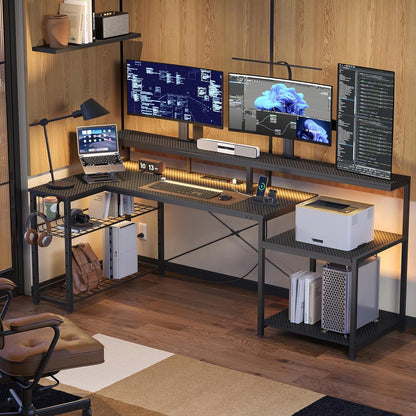Bestier 181cm L-shaped gaming desk with RGB LED lights, monitor stand, storage shelf, cup holder, headset hook, and USB ports.