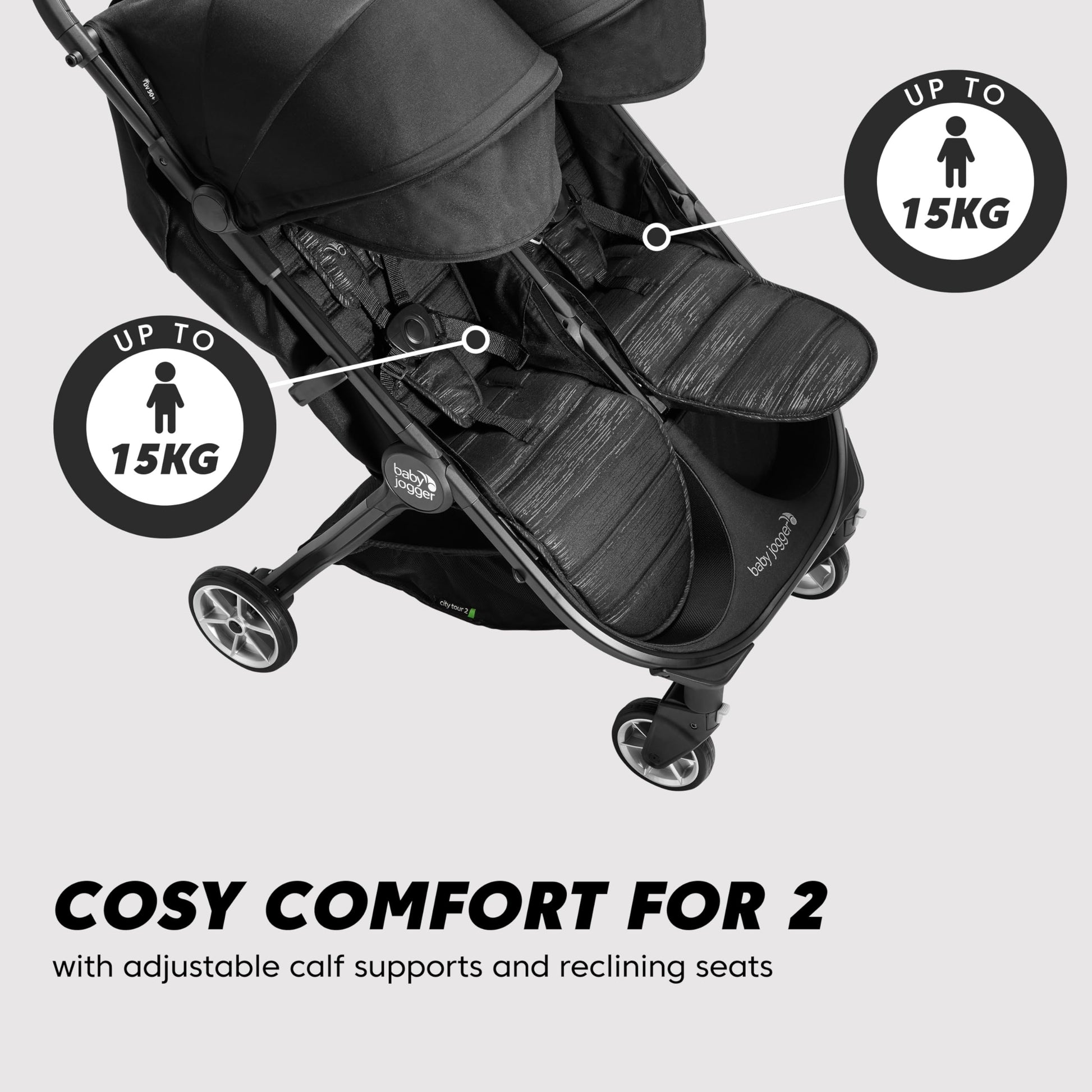 BABY JOGGER City Tour 2 Double travel pushchair in pitch black, lightweight, foldable double stroller with two seats for toddlers.