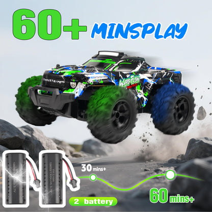 BAZADER 1:18 remote control RC truck with LED lights, all-terrain tires, high-speed design, and spray feature for kids and adults