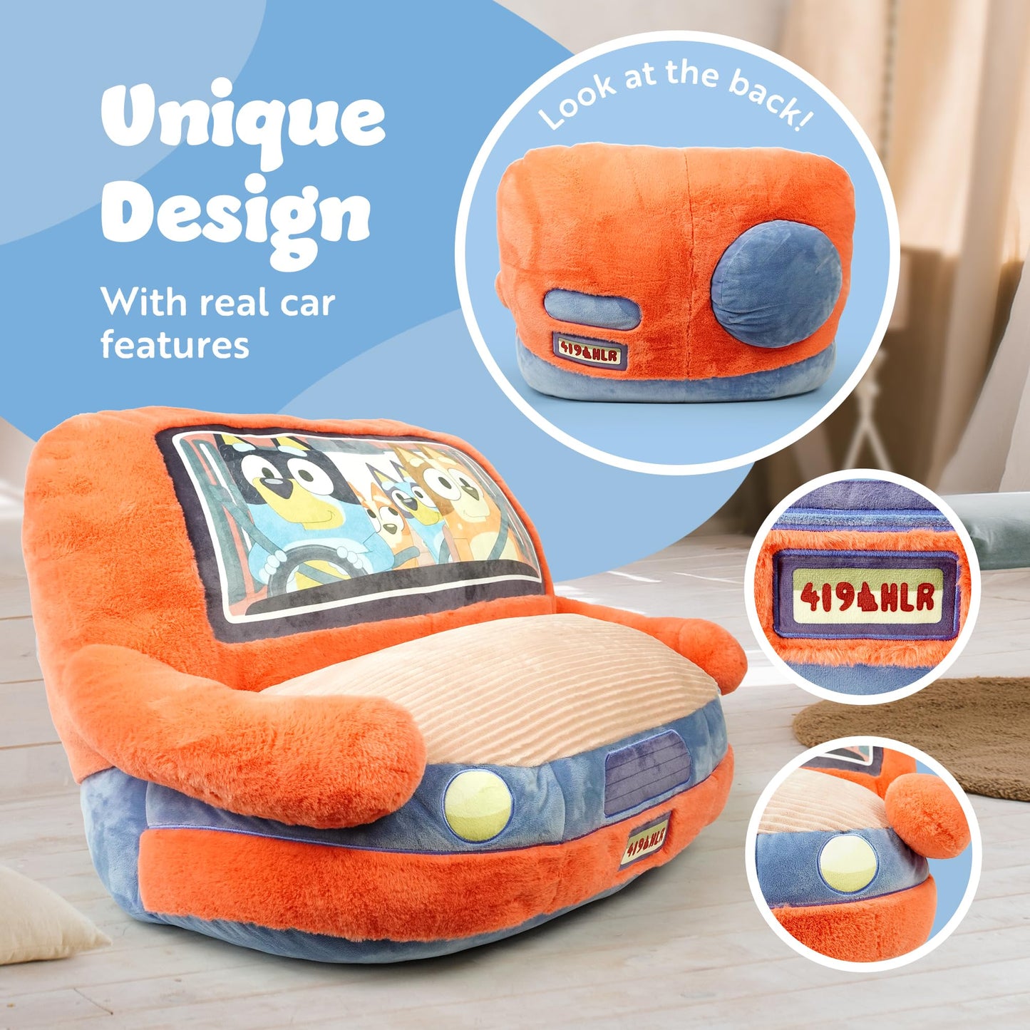 Bluey Car Sofa for kids, plush toddler armchair featuring a fun family car design, soft and lightweight for bedroom or playroom.