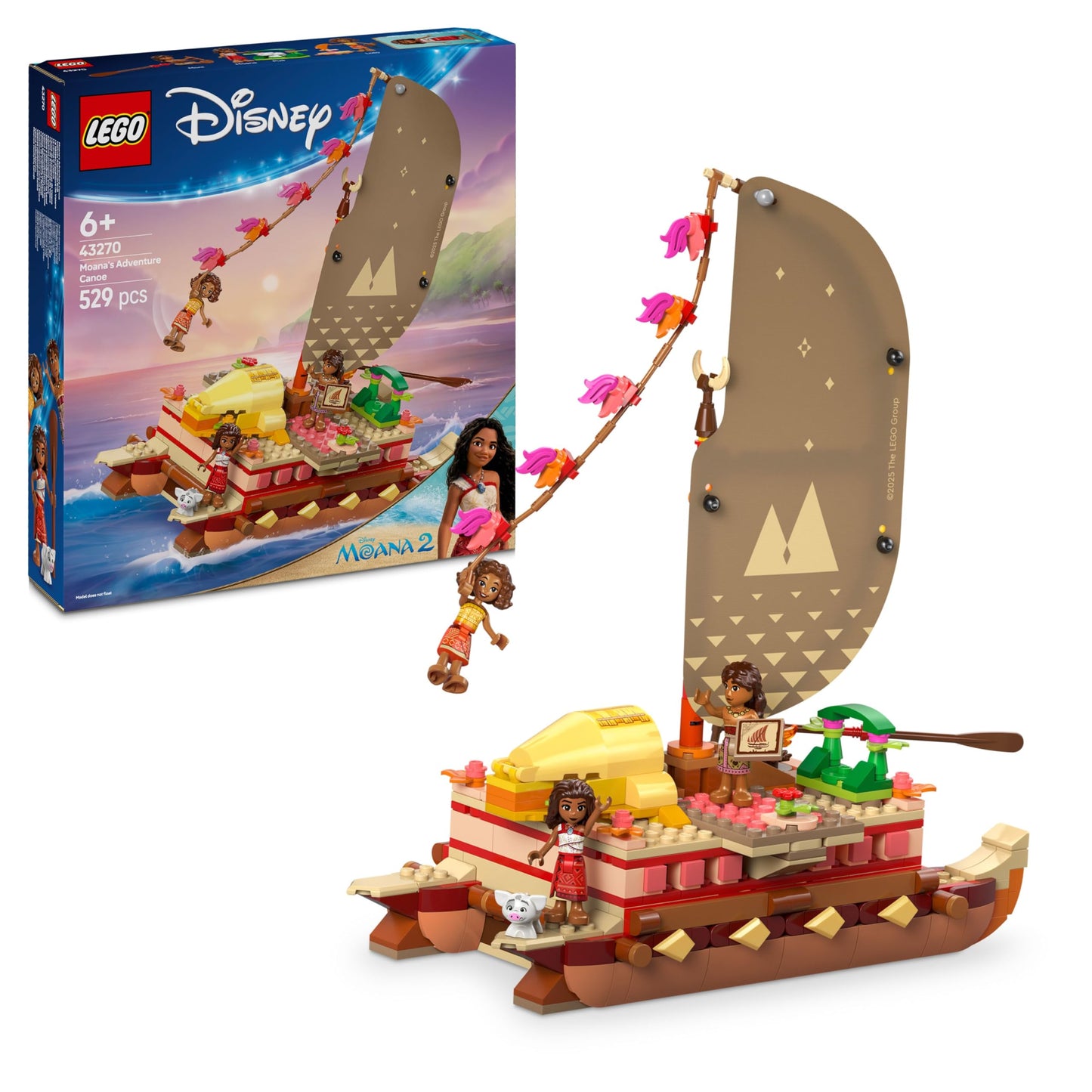 LEGO | Disney Moana 2 Moana's Adventure Canoe - Buildable Toy boat with a Textile Sail, Removable Deck, Campfire & 3 Mini Dolls incl. Loto and Moni - Gift for 6+ Year Old Girls & Fans - 43270