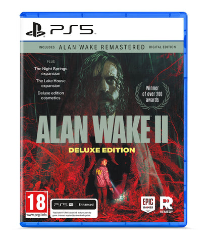 Alan Wake 2 Deluxe Edition game cover for PS5 by Epic Games, featuring dark, atmospheric artwork with the game's title and branding.