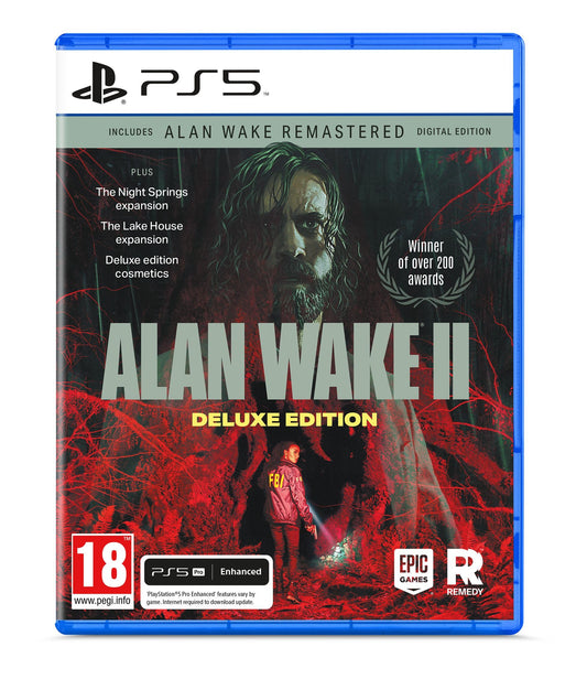 Alan Wake 2 Deluxe Edition game cover for PS5 by Epic Games, featuring dark, atmospheric artwork with the game's title and branding.