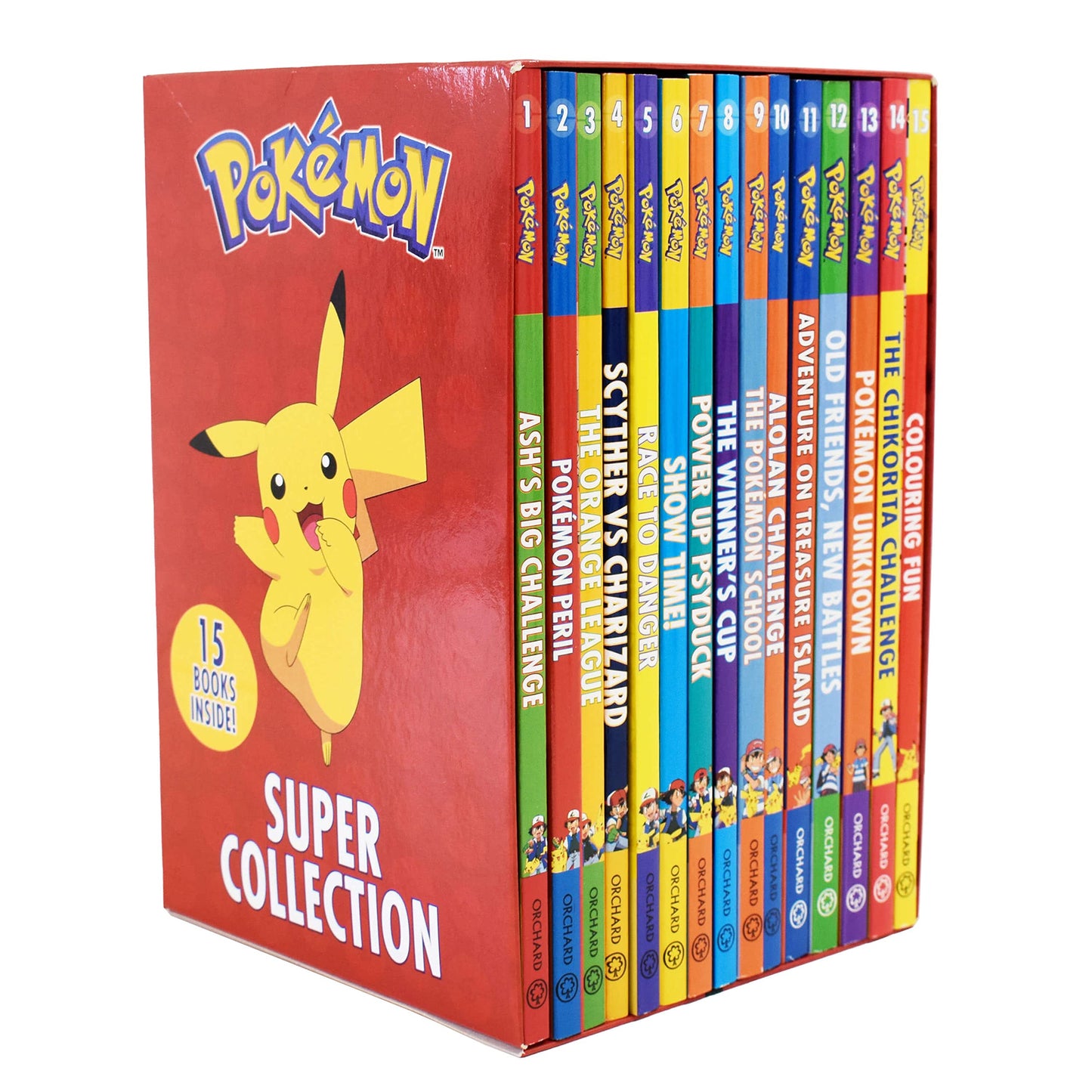 Pokemon Super 15 Book Collection by Orchard featuring colorful cover designs and characters from the Pokémon universe.
