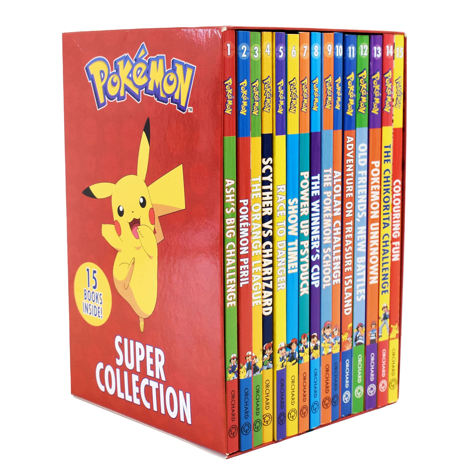 Pokemon Super 15 Book Collection by Orchard featuring colorful cover designs and characters from the Pokémon universe.