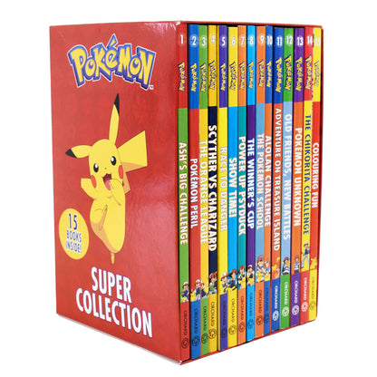 Pokemon Super 15 Book Collection by Orchard featuring colorful cover designs and characters from the Pokémon universe.