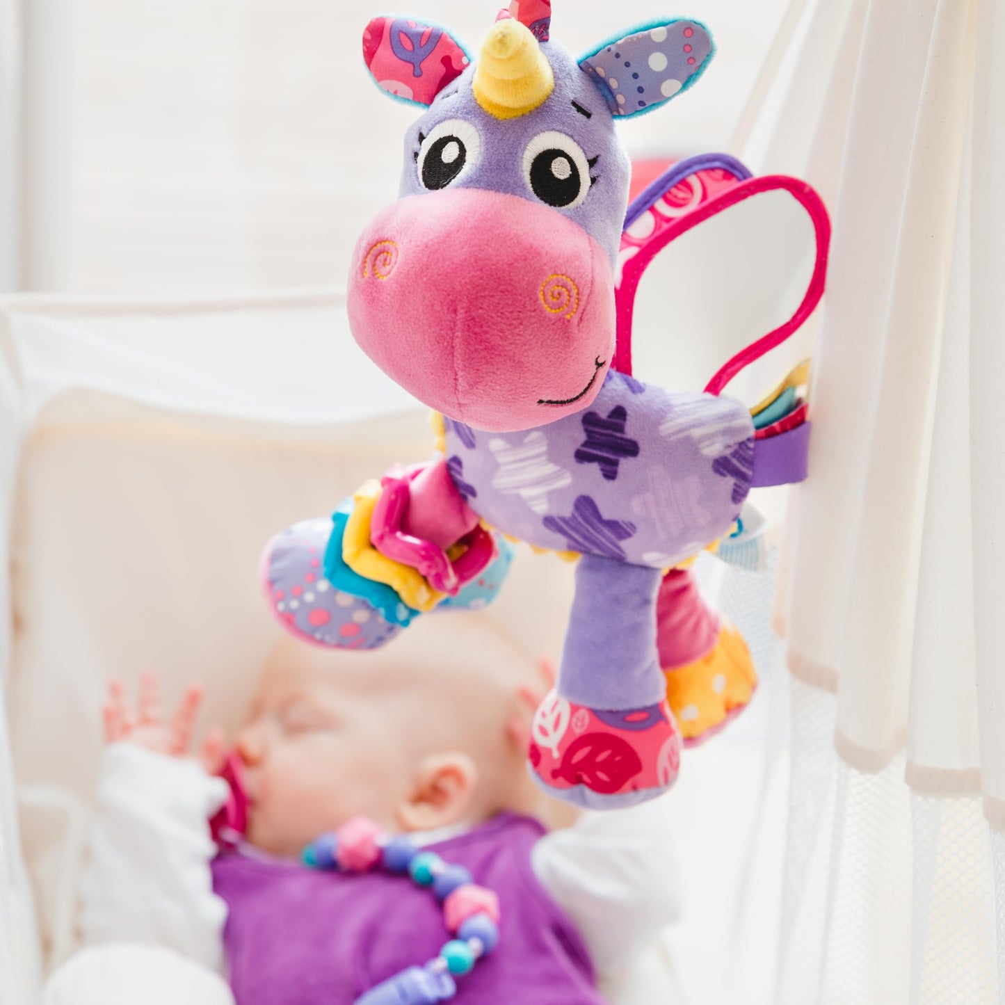 Playgro Activity Friend Stella Unicorn - Delight Your Baby Girl with this Sensory Development Toy, Ideal Baby Girl Gift for 0+ Months - On-The-Go Fun with Car Seat Toys and Pram Toy