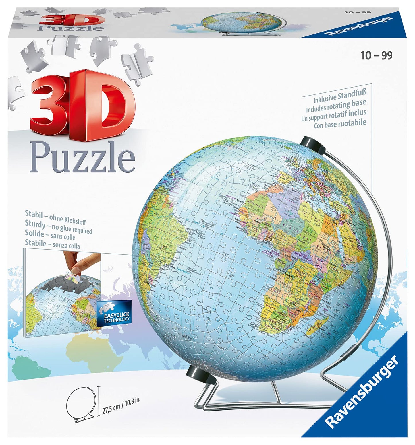 Ravensburger 3D world globe puzzle on V-stand with 540 plastic pieces, suitable for ages 10 and up, no glue needed.