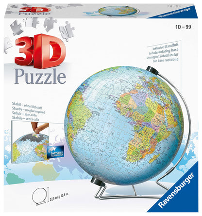 Ravensburger 3D world globe puzzle on V-stand with 540 plastic pieces, suitable for ages 10 and up, no glue needed.