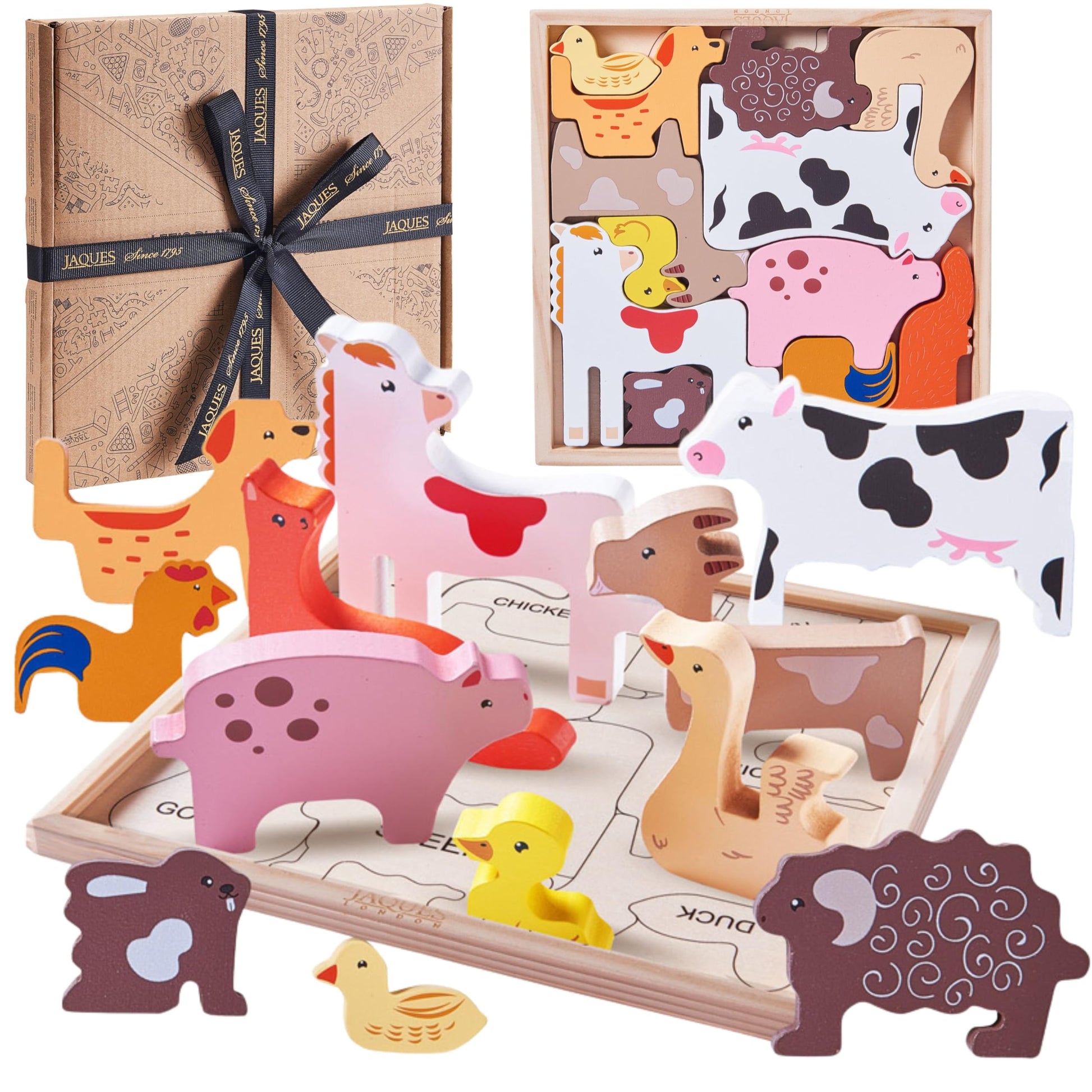 Wooden farm animals puzzle for toddlers by Jaques of London, includes colorful wooden farm animal figures for 1-year-olds.