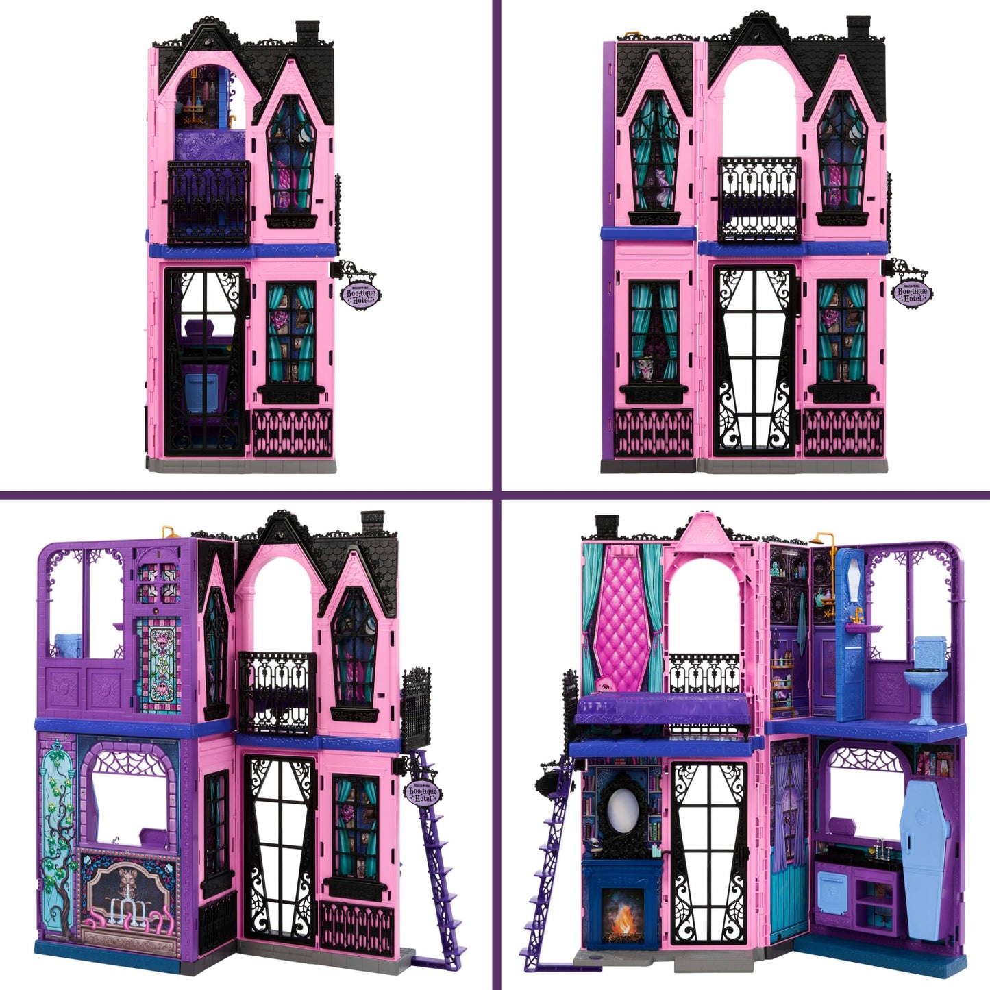 Monster High Boo-tique Hotel Doll House playset with foldable design, spooky room surprises, furniture, and accessories.