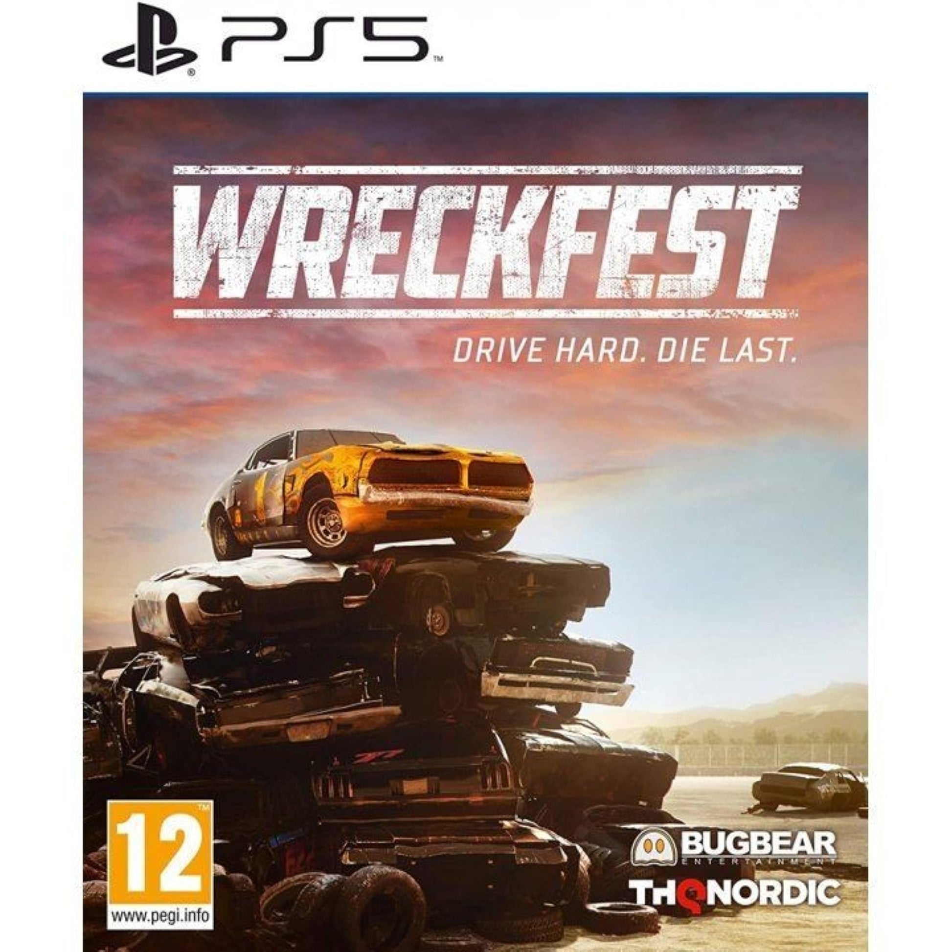 Wreckfest PS5 game cover featuring racing cars and demolition derby scenes, published by THQ Nordic.