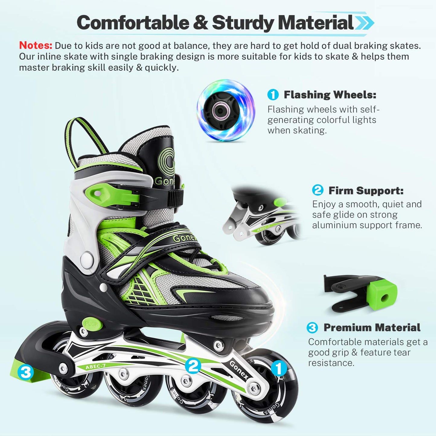 Gonex Children’s Inline Skates, Adjustable Inline Skates for Boys and Girls, EU 31-42, Green, M
