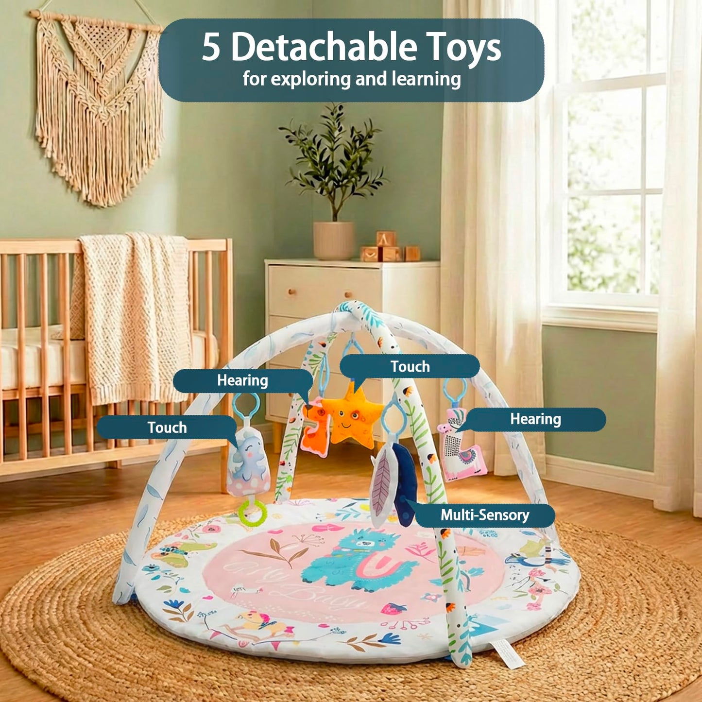 MFSLOVE Baby Play Mat and Activity Gym, Colorful Animal Design with 5 Hanging Toys, Interactive Floor Mat for Infants, Round Padded Playmat for 0-12 Months(Llama)