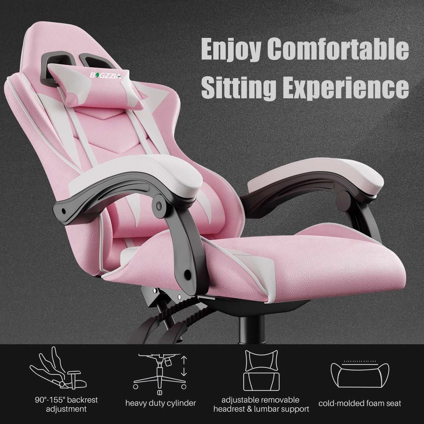 Pink bigzzia ergonomic gaming chair with lumbar cushion and headrest, height-adjustable office chair for adults.