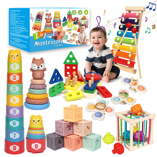 LearnToy Baby Toys 1 2 3 Years, Montessori 7-in-1 Activity Set - Stacking Blocks, Infant Teething Toy & Sensory Bin, Baby Boys & Girls Gifts