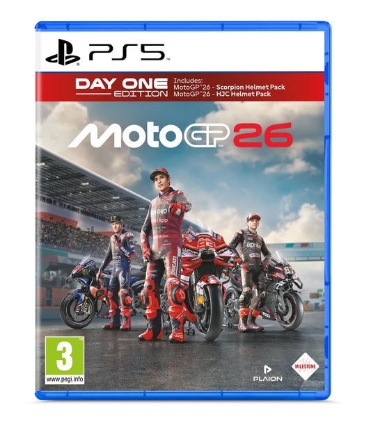 MotoGP 26 PlayStation 5 game case featuring motorcycle racing artwork and Milestone branding.