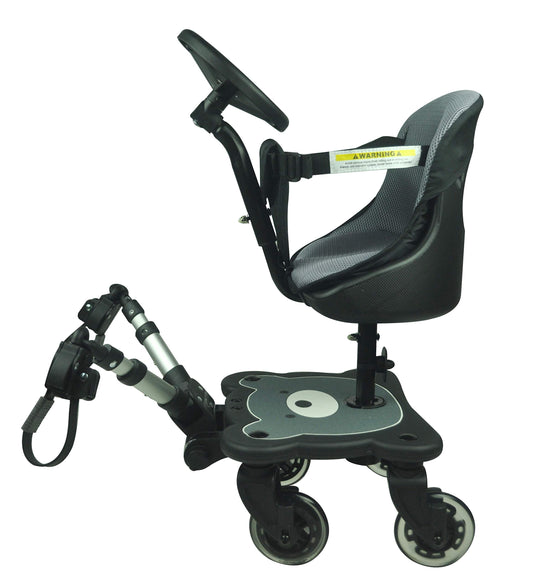 Roma 4 Rider Toddler Seat & Steering Wheel Ride On Board – Universal Buggy/Kiddy Board with LED Wheels, Patterned Seat, Fits 99% Prams, for Kids 1–6 Years (25kg), 4-Wheel Design