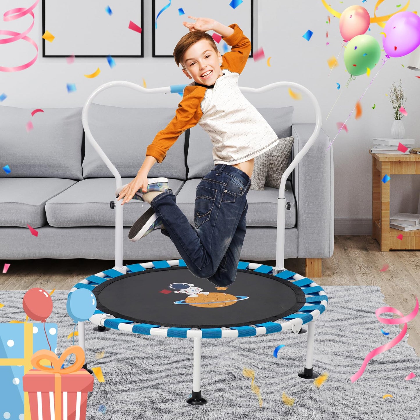 39 inch Trampoline For Toddlers Height Adjustable,Foldable Mini Trampoline For Kids,Baby Sensory Balance Toy Indoor Outdoor 3 4 5 Year Old,Gifts For Girls and Boys (Blue)