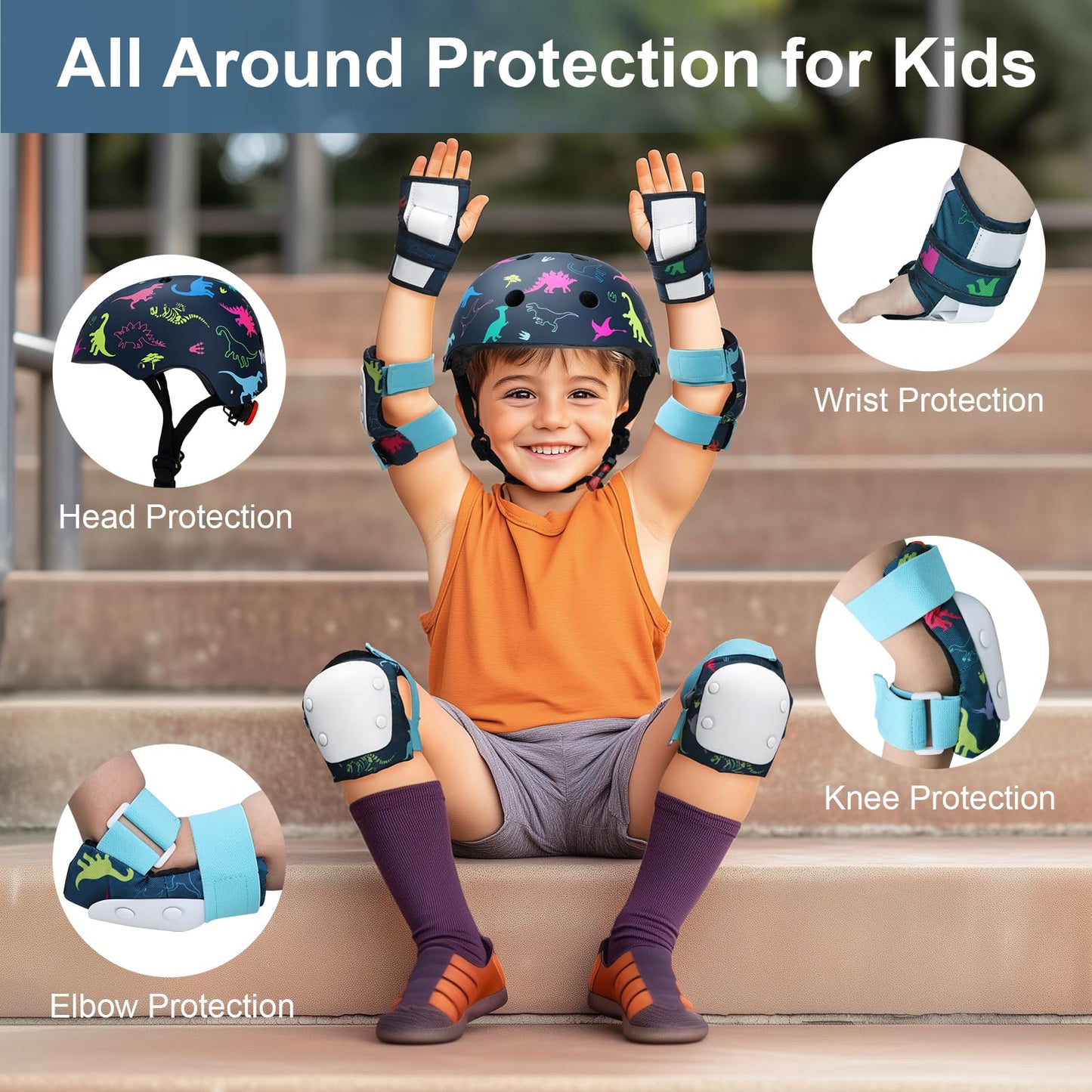 YOOXARMOR Adjustable Kids Bike Helmet Set with Knee Pads Elbow Pads Wrist guards for Toddler Age 3-5-8 Boys Girls,Child Safety Protective Gear Set for Inline Skating/Skateboard/BMX/Bike/Scooter