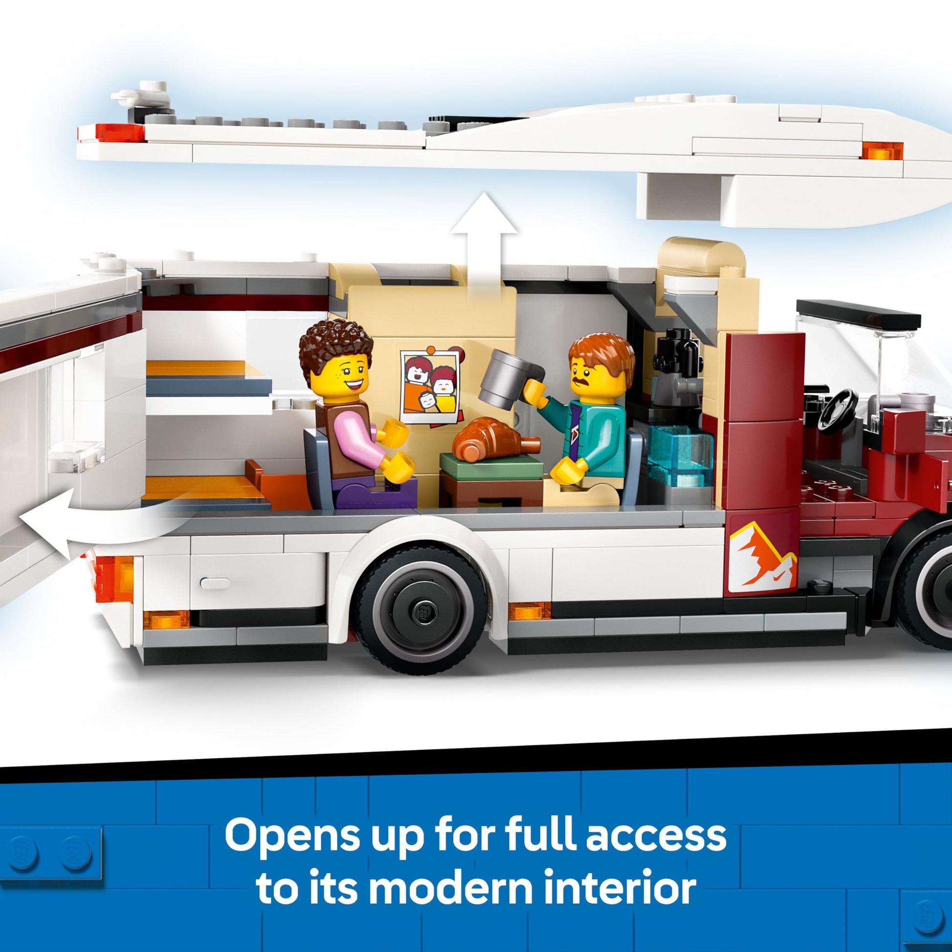 LEGO City Holiday Adventure Camper Van toy with three minifigures and accessories, ideal for creative building fun.