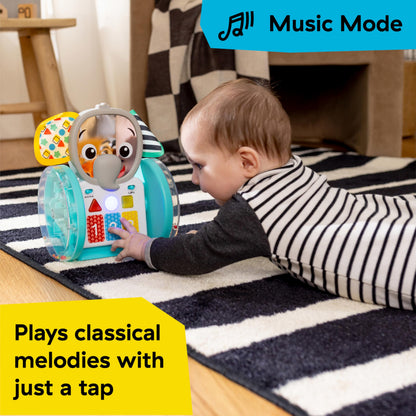 Baby Einstein Chase & Tap Earl crawling baby toy with mirror and music for ages 6 months and up, featuring colorful design and interactive elements.